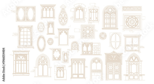 Canvastavla Gothic architectural window set, vintage cathedral window frames in beige line a