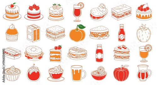 Hand drawn dessert and beverage icons, set of 28 food vector elements, orange and red line art illustrations of cakes and drinks for cafe menus