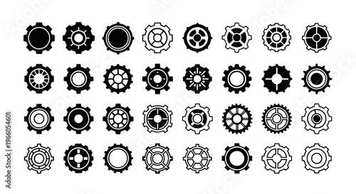 Industrial gear icons set, 32 black mechanical cogwheel vector elements, technical machinery gear wheels for engineering and manufacturing design