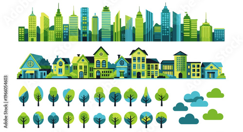 Eco-friendly city skyline and suburban neighborhood vector set, green urban landscape with modern skyscrapers, residential houses and forest trees