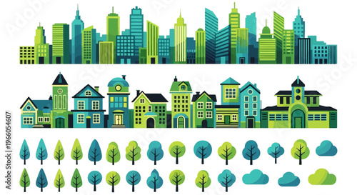 Eco-friendly green city vector set, sustainable urban skyline and suburban houses, flat design nature elements and trees for environmental infographics