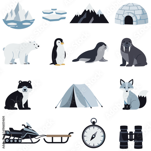 Arctic landscape with polar bear penguin seal walrus and igloo