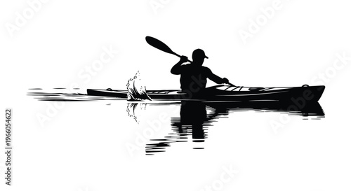 A kayaker paddles across water creating ripples and a striking black shape against the light silhouette high quality professional detailed modern