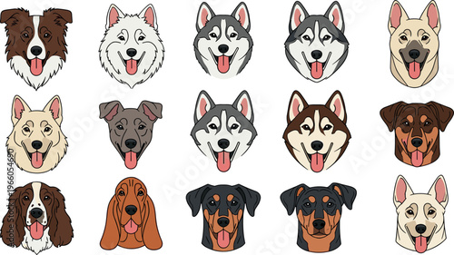 Dog Head Icon Set Featuring Various Breeds Including Border Collie, Husky, German Shepherd, Dalmation, Rottweiler, and More