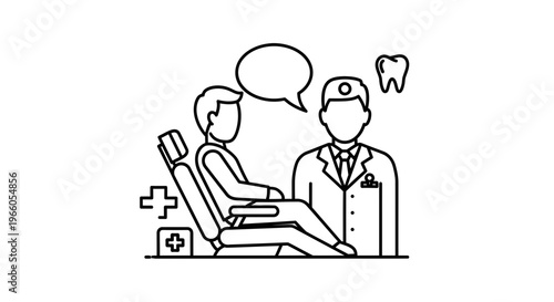 Dentist Consultation: Patient in Chair, Doctor Discussing Treatment, Tooth Icon