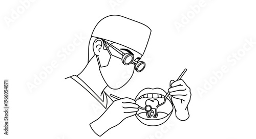 Dentist examining a tooth with dental instruments, close-up illustration