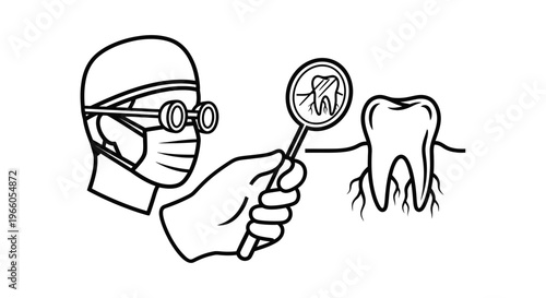 Dentist examines tooth with magnifying glass, dental care concept, black and white illustration