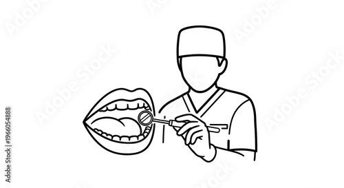 Dentist examining open mouth with dental mirror, illustration, black and white