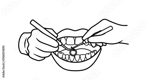 Dentist examining open mouth with dental tools, close-up illustration