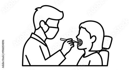 Dentist examining patient's teeth with braces, dental checkup, oral hygiene illustration