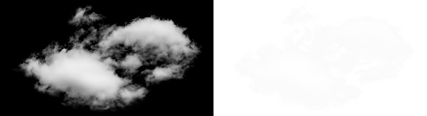 Fluffy white cumulus cloud formation isolated realistically against a deep black sky on transparent background