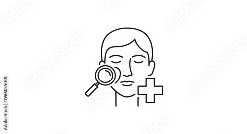 Dermatology Icon: Magnifying Glass on Face, Plus Sign for Skin Health and Treatment