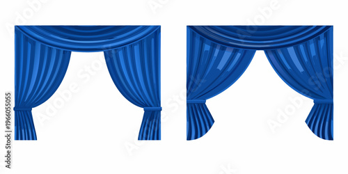 Two blue draped curtains with gathered folds and decorative tiebacks