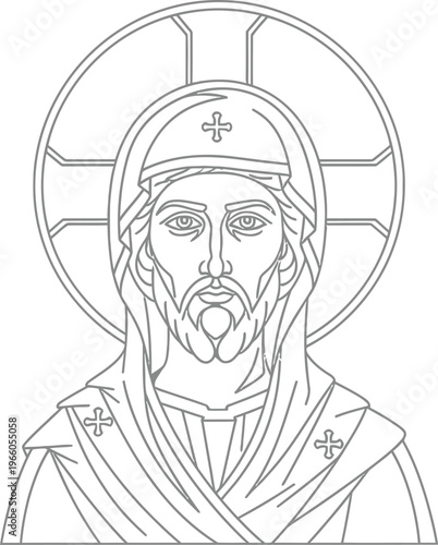 Iconic line drawing of a bearded figure with a halo and religious symbols Vector