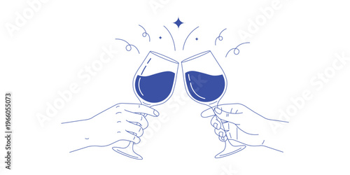 Vector illustration of two hands holding wine glasses with blue liquid and sparkles