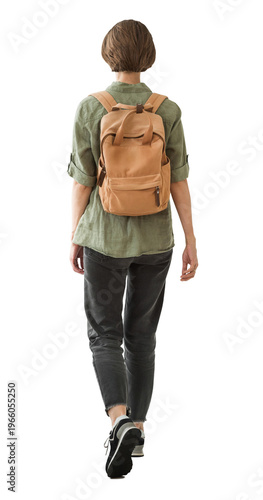 Full length back view of young woman walking isolated transparent PNG, student girl full body photo PNG with transparent background precisely cut out with clipping path, back view.