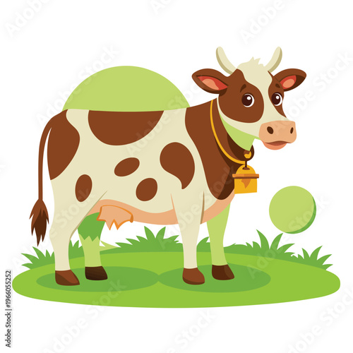A friendly cartoon cow with brown and white spots, wearing a golden bell around its neck, standing on a green grassy field with abstract shapes