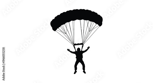 A dramatic black silhouette of a skydiver in freefall arms outstretched with a fully deployed parachute above silhouette high quality professional