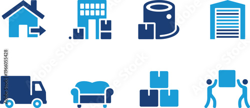 Set of eight moving and storage related vector icons in blue, illustrating relocation and warehousing con