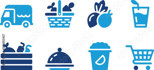Set of eight blue grocery and food delivery icons including a truck, basket, fruit, drink, and shopping c