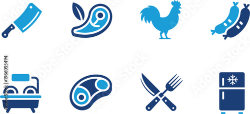 Set of butcher shop and grocery icons including cleaver, steak, rooster, banana, oven, cutlery and refrig