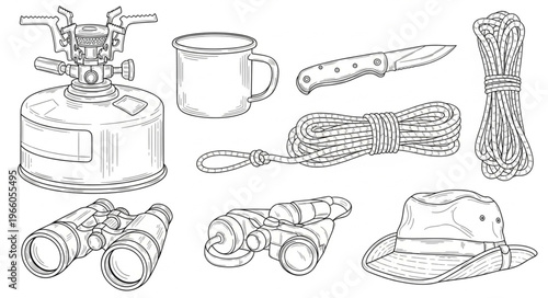 Camping Gear Line Art - Stove, Mug, Knife, Rope, Binoculars, and Hat.