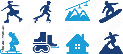 Collection of vector illustrations depicting winter sports, roller skating, and a house icon.