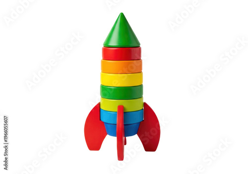 Wooden toy rocket ship with colorful stacking rings isolated on transparent background