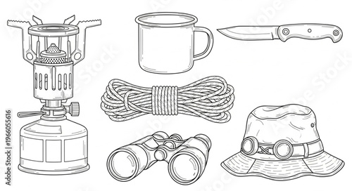 Camping Essentials - Stove, Mug, Knife, Rope, Binoculars, and Hat.