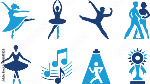 Collection of Various Ballet Dancers and Ballroom Dancers Poses in Silhouette Style