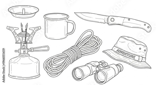 Camping Essentials - Stove, Mug, Knife, Rope, Hat, and Binoculars.