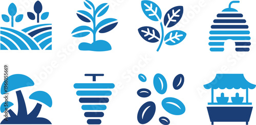 Collection of stylized blue nature and rural icons against a black backdrop