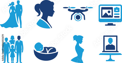 Collection of silhouette icons representing modern life, including wedding, drone, and technology concept
