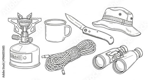 Camping Essentials - Stove, Mug, Knife, Hat, Rope, and Binoculars Illustration.
