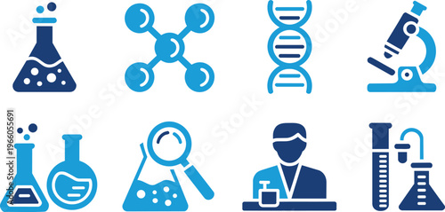 Collection of scientific research and laboratory icons including flasks, DNA, and microscope