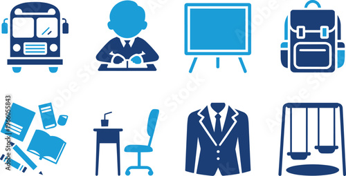 Collection of educational and professional items vector icons in blue tones