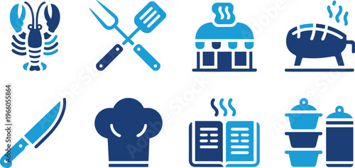 Collection of culinary and food preparation icons including a lobster, cooking utensils, and chef's hat