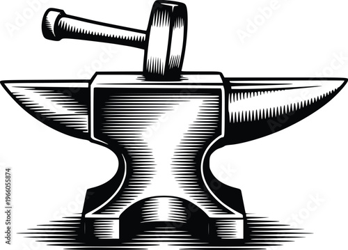 Vintage Blacksmith Anvil and Sledge Hammer Metalwork Woodcut Vector Illustration