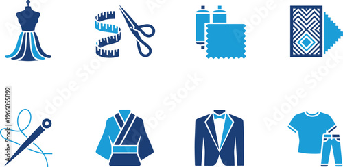 Collection of blue sewing and tailor icons including mannequin, scissors, measuring tape, fabric, needle