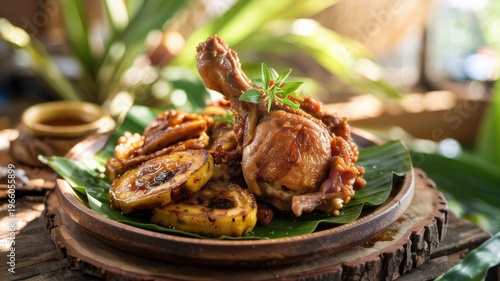 Indonesian cuisine. 
Chicken with fried bananas (Ayam Goreng Pisang).