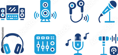 Collection of blue audio and music icons, including speakers, headphones, microphones, and equalizer