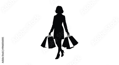 A woman walks carrying shopping bags depicted as a stark black outline against a white background silhouette high quality professional detailed