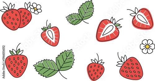 A delightful assortment of illustrated strawberries, leaves, and flowers in a playful arrangement Vector