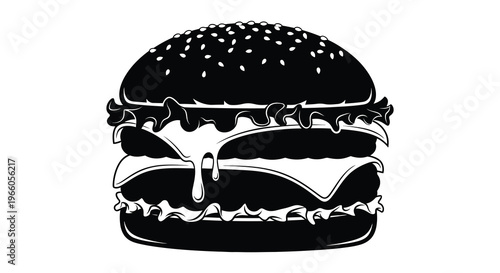 A detailed black and white illustration of a classic cheeseburger with layers of ingredients rendered as a silhouette high quality professional