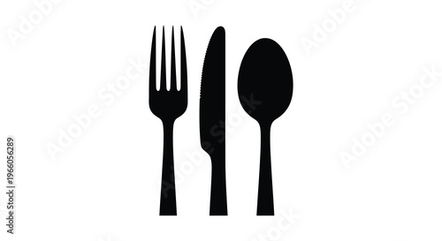A minimalist depiction of a fork knife and spoon arranged in a line presented as a dark silhouette high quality professional