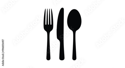 A minimalist depiction of a fork knife and spoon arranged side by side in black creating a striking silhouette high quality professional detailed