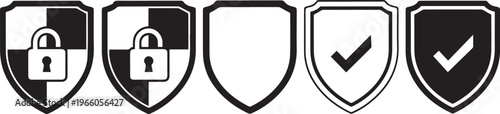 Security status icons a series of shield shaped symbols representing access control and verification