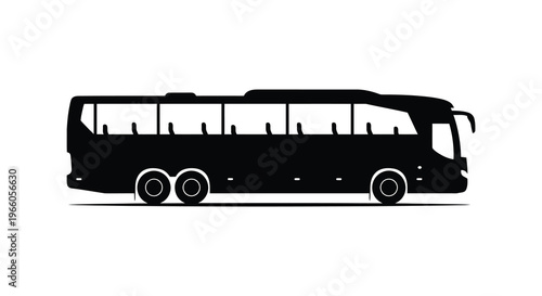 A stark black silhouette of a large passenger coach bus showcasing its long profile and design silhouette high quality professional detailed