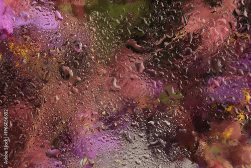 Smoke soft focus lilac, violet, pink Flower Petals bouquet through glass with water Drops. Abstract natural blur background.