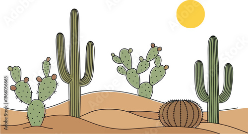 A serene desert landscape featuring various cacti under a bright sun Vector